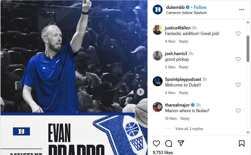 College hoop fans react to Evan Bradds' appointment on IG.